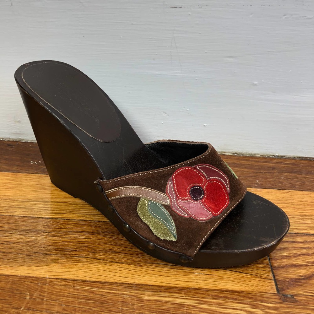 COACH Melaney Suede Floral Patchwork Wooden Wedge Heels Size 7.5